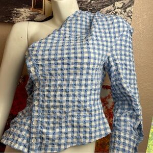 Zara Blue Gingham One-Shoulder Blouse